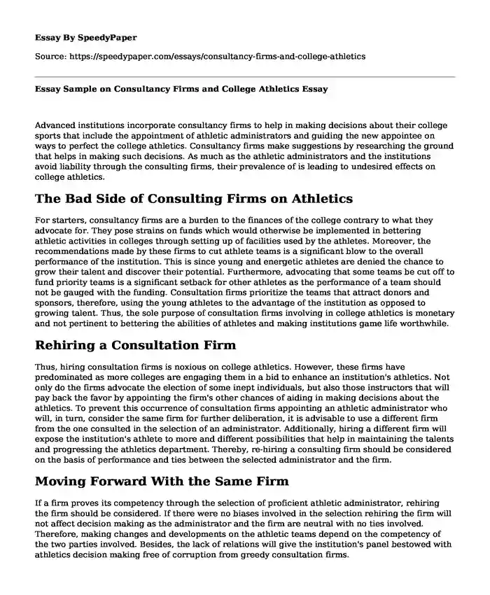 Essay Sample on Consultancy Firms and College Athletics