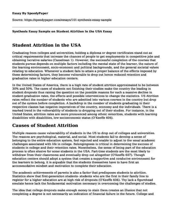 Synthesis Essay Sample on Student Attrition in the USA