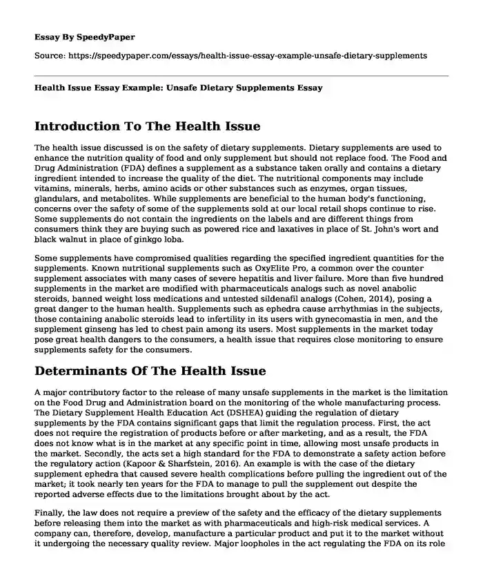 Health Issue Essay Example: Unsafe Dietary Supplements