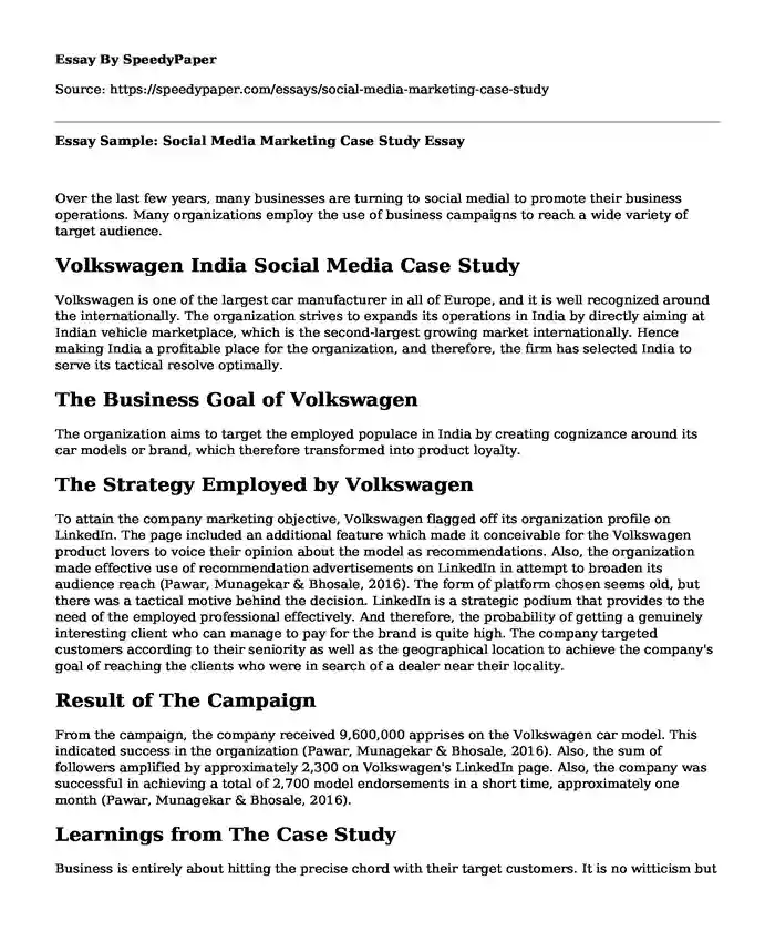 Essay Sample: Social Media Marketing Case Study