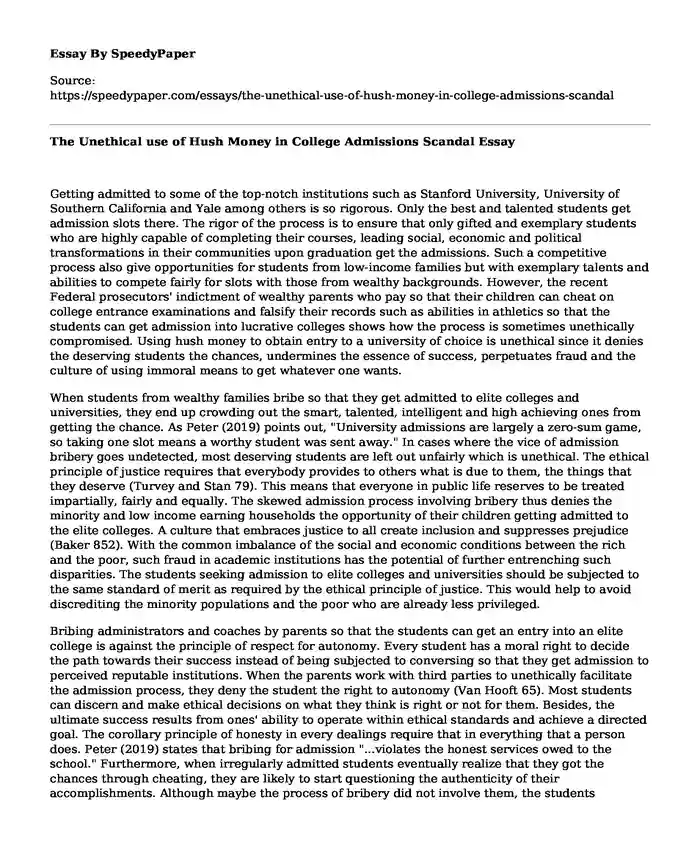 The Unethical use of Hush Money in College Admissions Scandal