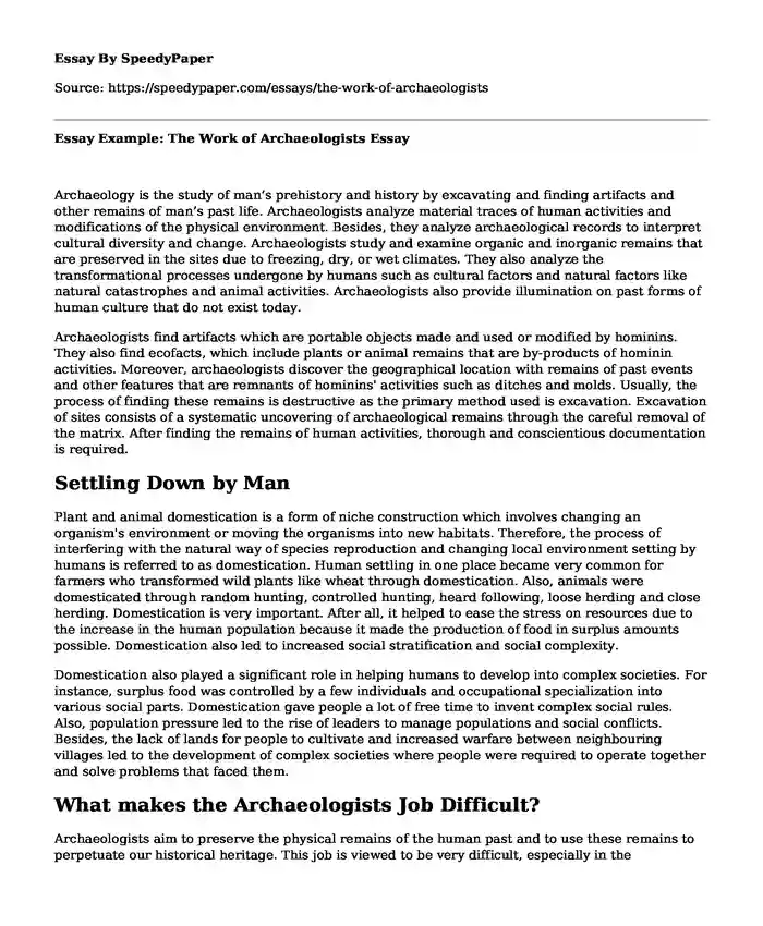 Essay Example: The Work of Archaeologists