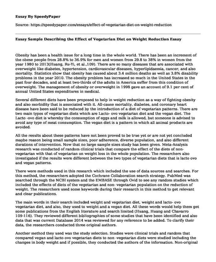 Essay Sample Describing the Effect of Vegetarian Diet on Weight Reduction