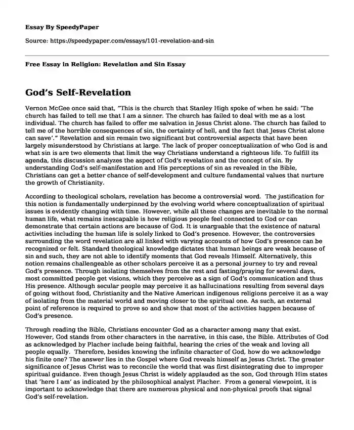 Free Essay in Religion: Revelation and Sin
