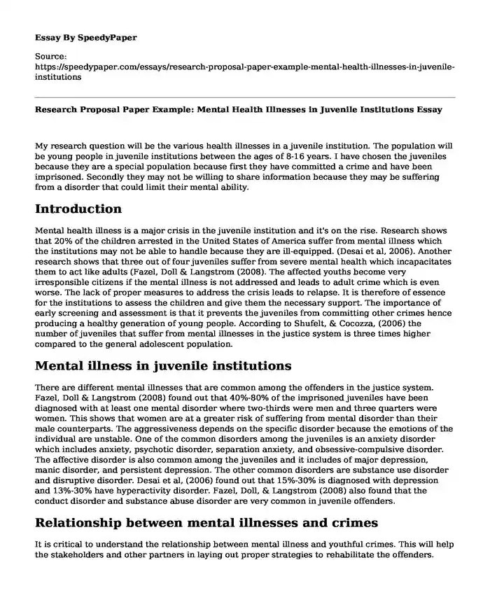 Research Proposal Paper Example: Mental Health Illnesses in Juvenile Institutions