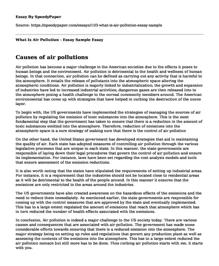 What Is Air Pollution - Essay Sample