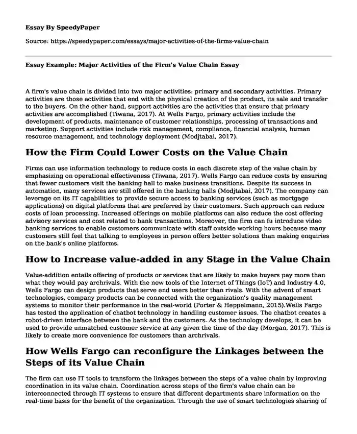 Essay Example: Major Activities of the Firm's Value Chain