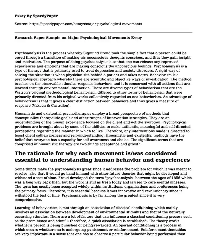 Research Paper Sample on Major Psychological Movements