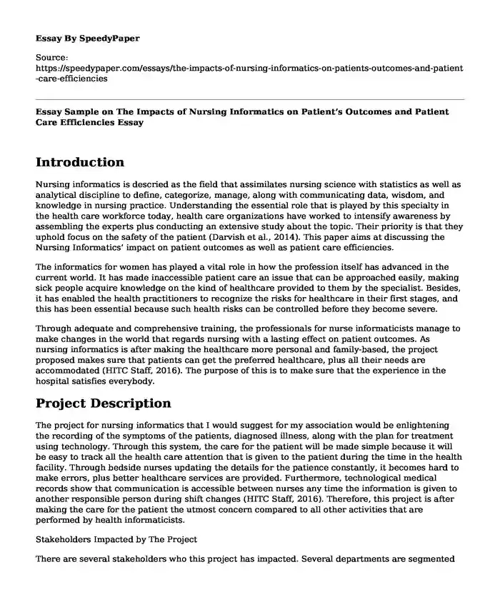 Essay Sample on The Impacts of Nursing Informatics on Patient's Outcomes and Patient Care Efficiencies