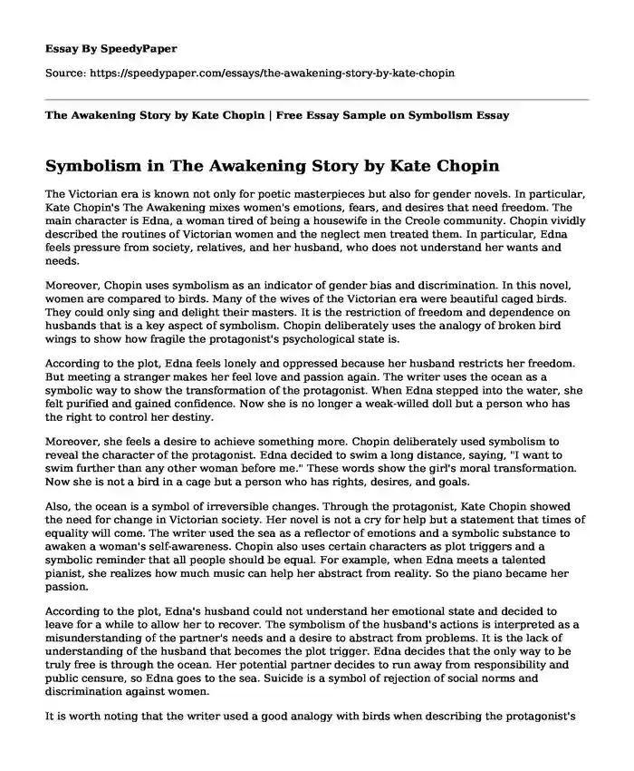The Awakening Story by Kate Chopin | Free Essay Sample on Symbolism