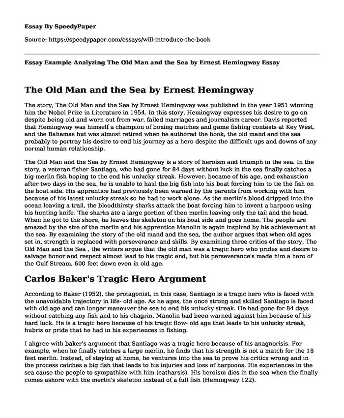 Essay Example Analyzing The Old Man and the Sea by Ernest Hemingway