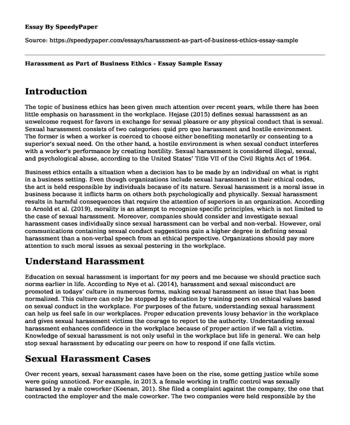 Harassment as Part of Business Ethics - Essay Sample