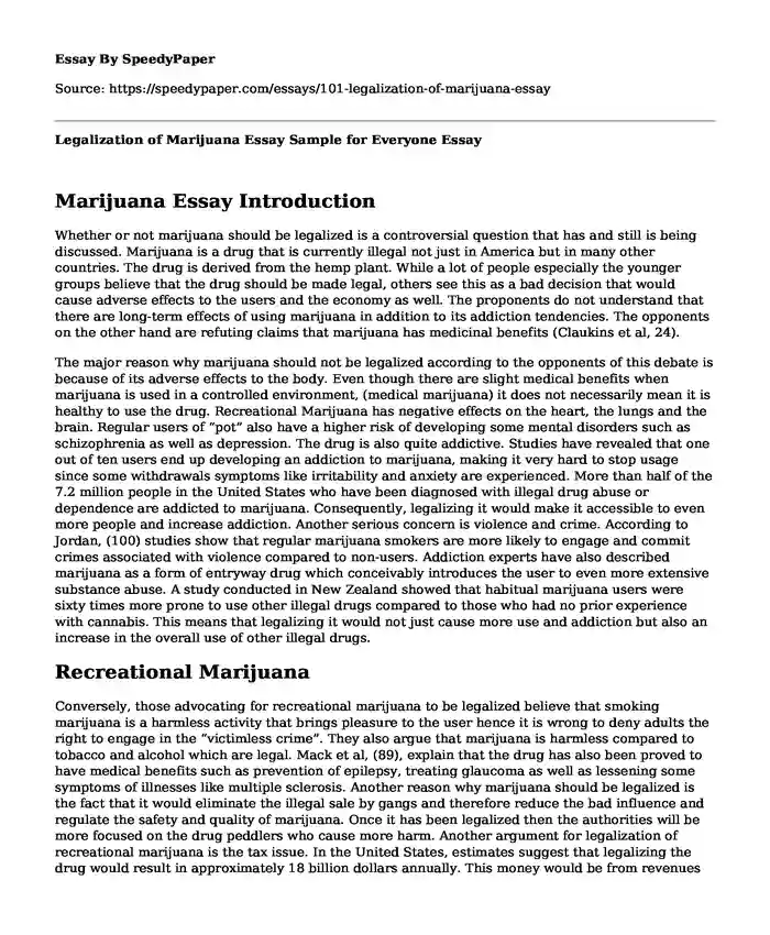 Legalization of Marijuana Essay Sample for Everyone