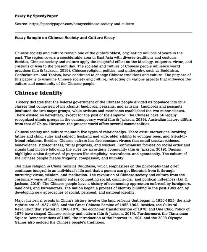 Essay Sample on Chinese Society and Culture