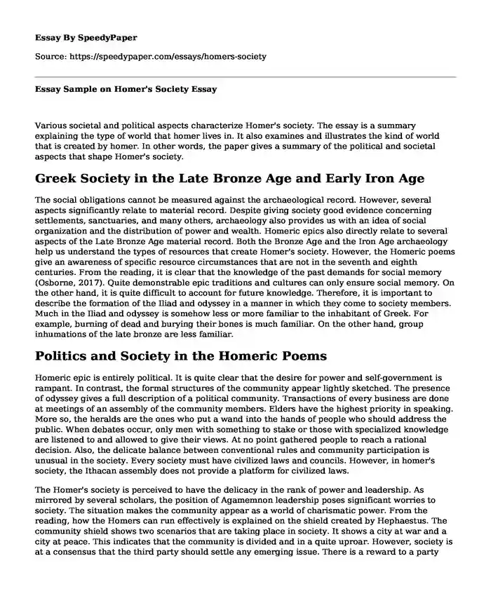 Essay Sample on Homer's Society