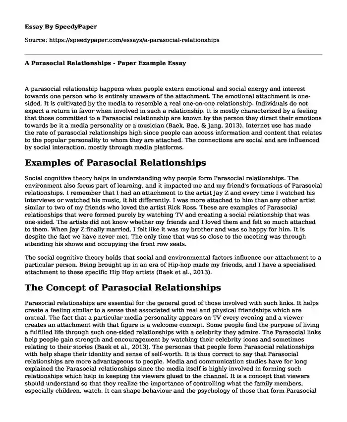 A Parasocial Relationships - Paper Example