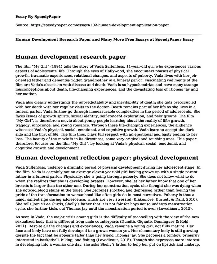 Human Development Research Paper and Many More Free Essays at SpeedyPaper