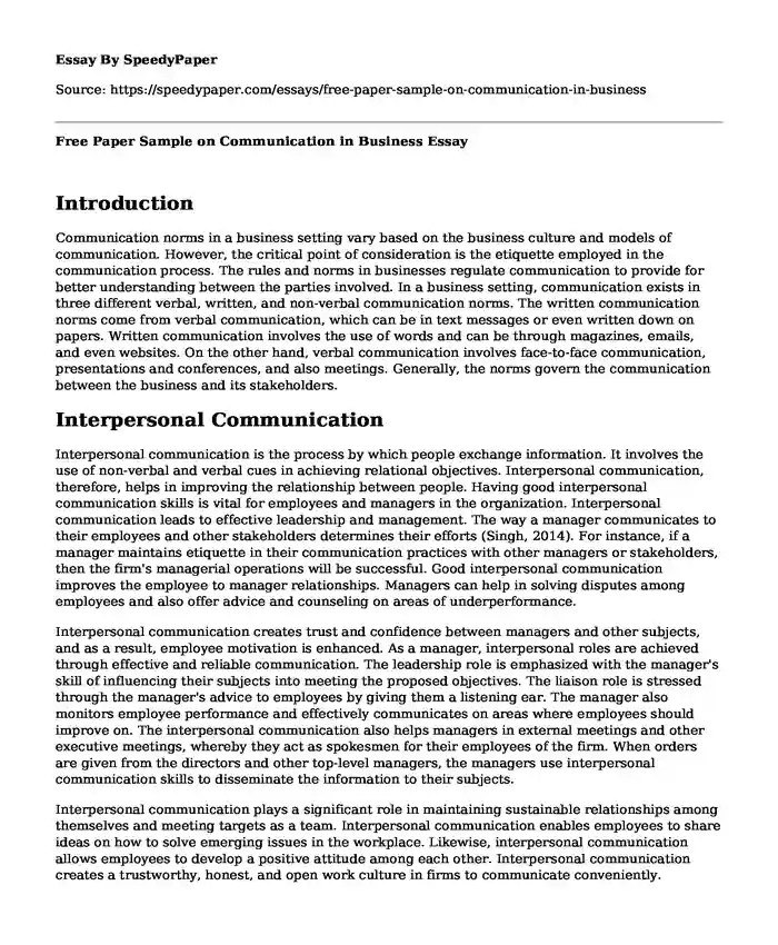 Free Paper Sample on Communication in Business