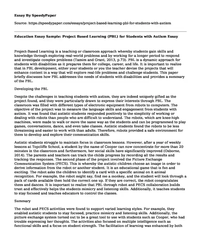 Education Essay Sample: Project Based Learning (PBL) for Students with Autism