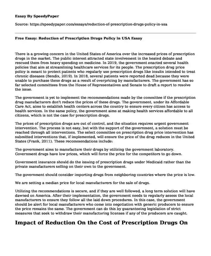 Free Essay: Reduction of Prescription Drugs Policy in USA
