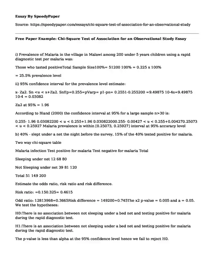 Free Paper Example: Chi-Square Test of Association for an Observational Study