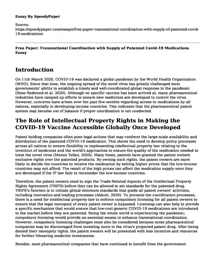 Free Paper: Transnational Coordination with Supply of Patented Covid-19 Medications