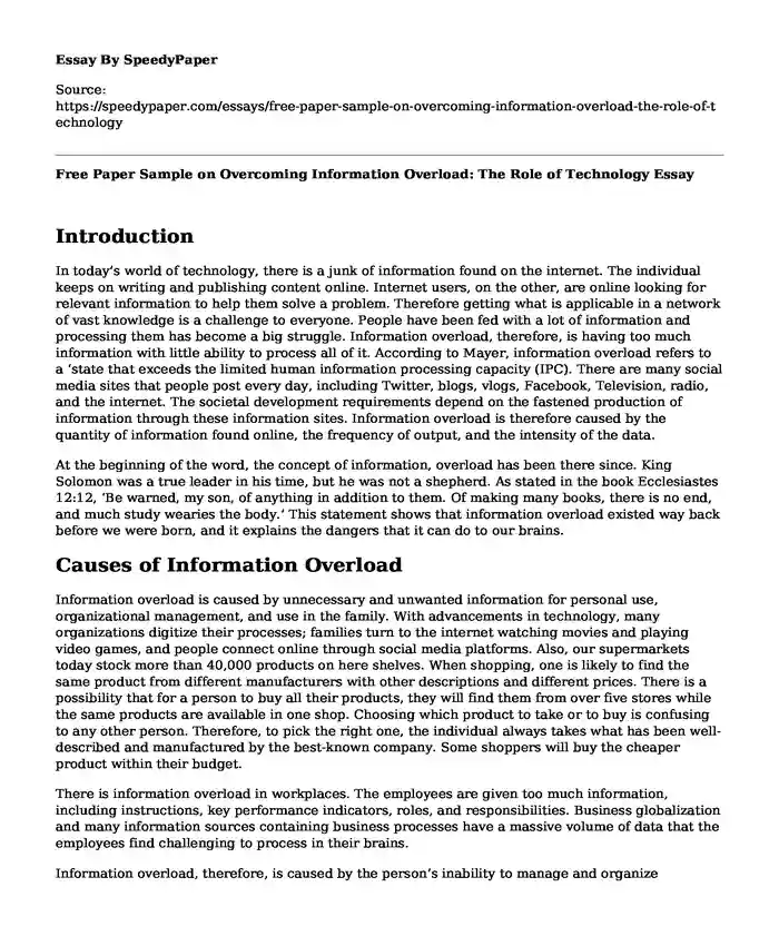 Free Paper Sample on Overcoming Information Overload: The Role of Technology