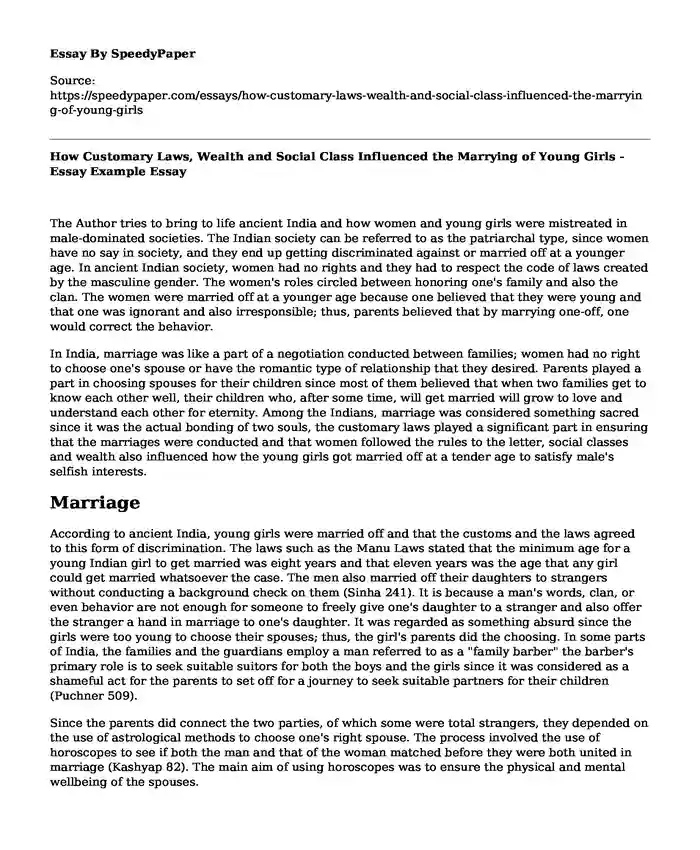 How Customary Laws, Wealth and Social Class Influenced the Marrying of Young Girls - Essay Example