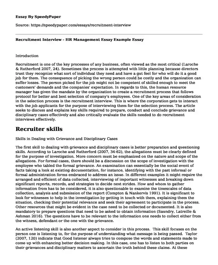 Recruitment Interview - HR Management Essay Example