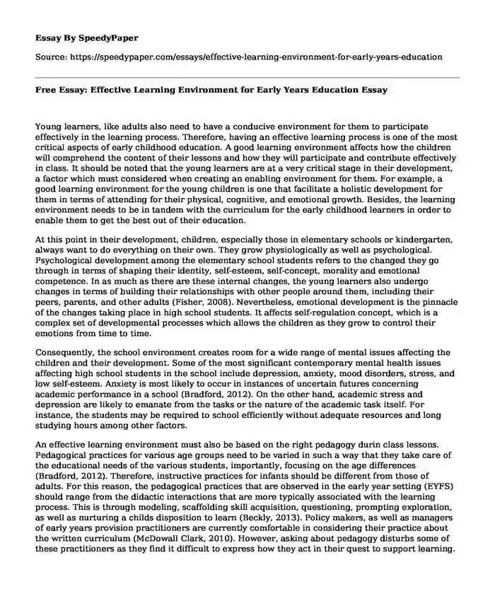 Free Essay: Effective Learning Environment for Early Years Education