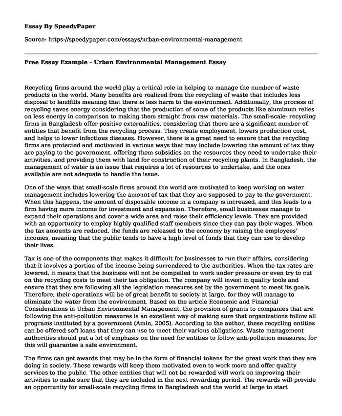 Free Essay Example - Urban Environmental Management
