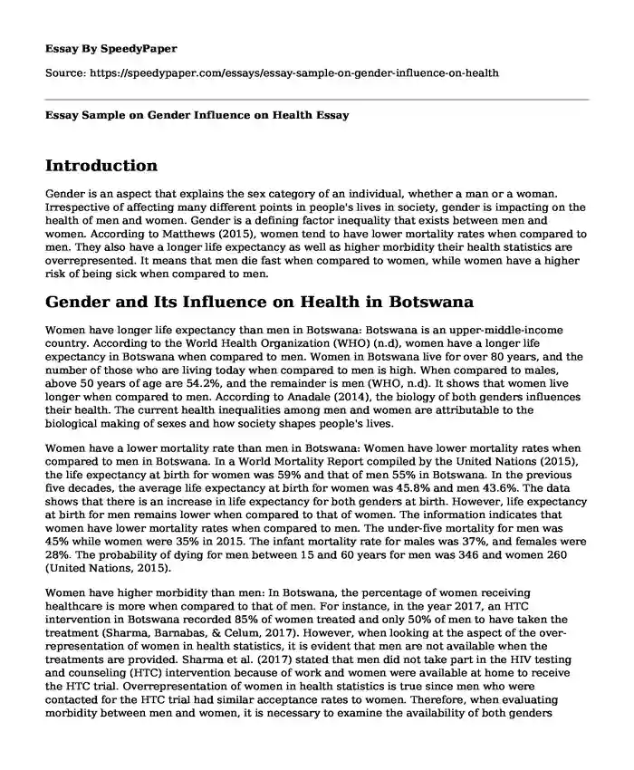 Essay Sample on Gender Influence on Health