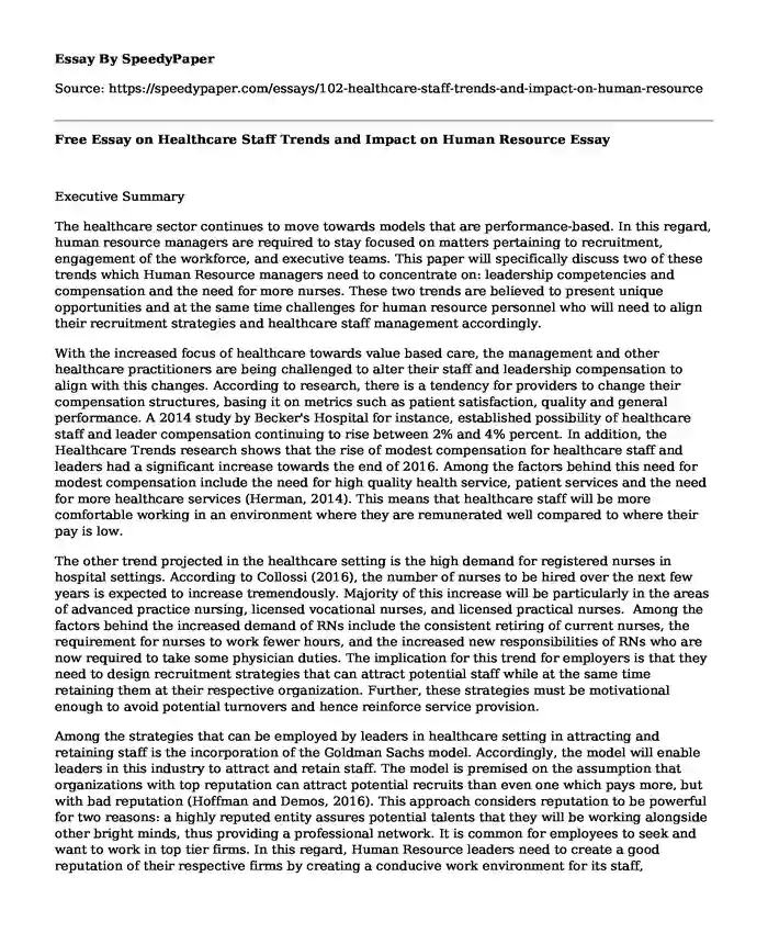 Free Essay on Healthcare Staff Trends and Impact on Human Resource