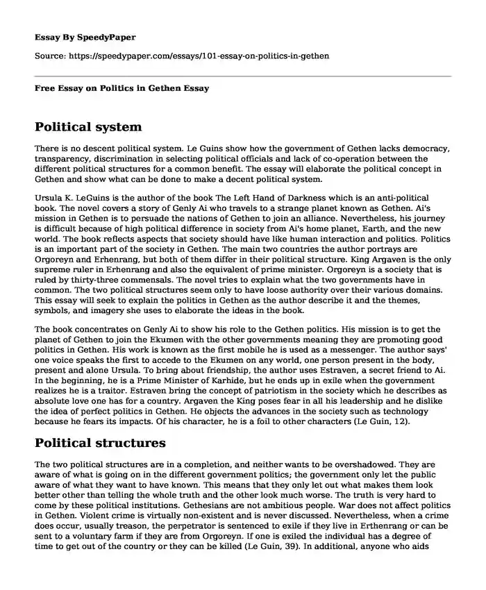 Free Essay on Politics in Gethen 
