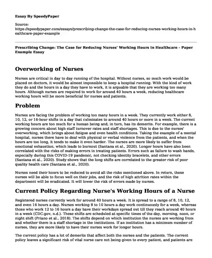 Prescribing Change: The Case for Reducing Nurses' Working Hours in Healthcare - Paper Example