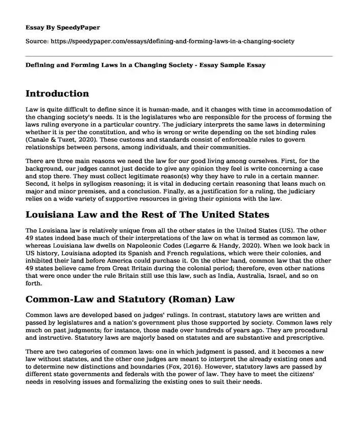 Defining and Forming Laws in a Changing Society - Essay Sample