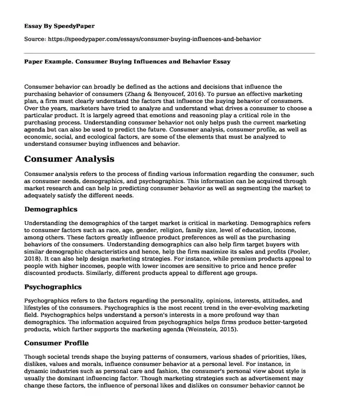 Paper Example. Consumer Buying Influences and Behavior