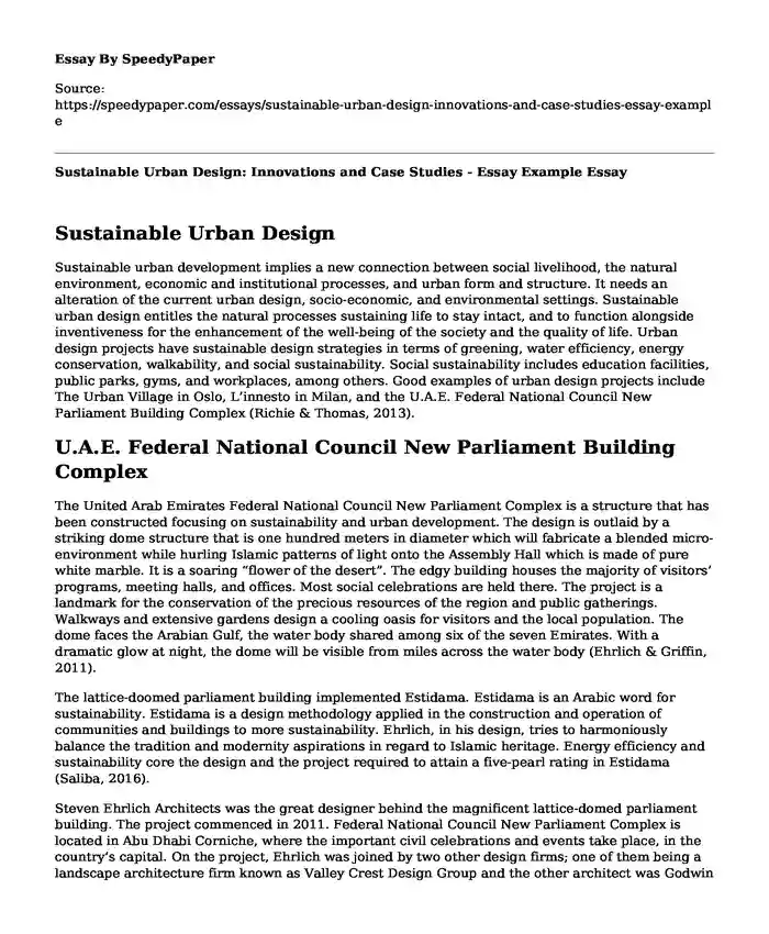 Sustainable Urban Design: Innovations and Case Studies - Essay Example