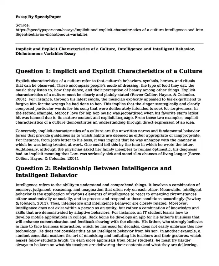 Implicit and Explicit Characteristics of a Culture, Intelligence and Intelligent Behavior, Dichotomous Variables