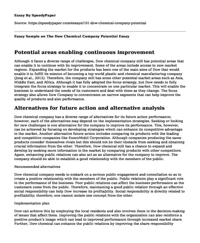 Essay Sample on The Dow Chemical Company Potential