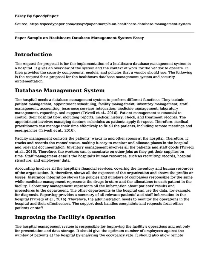 Paper Sample on Healthcare Database Management System