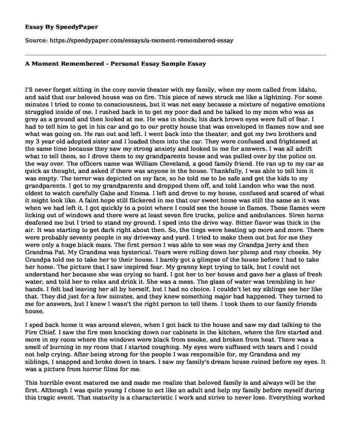 A Moment Remembered - Personal Essay Sample