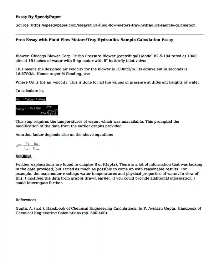 Free Essay with Fluid Flow Meters/Tray Hydraulics Sample Calculation