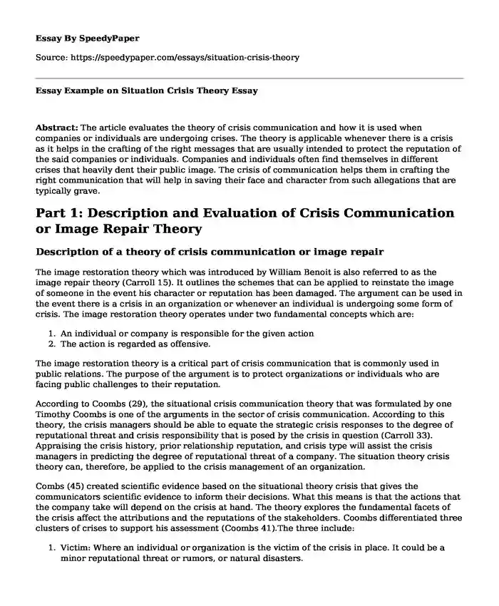Essay Example on Situation Crisis Theory