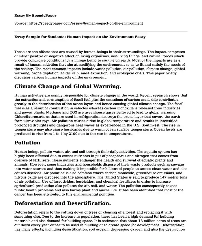 Essay Sample for Students: Human Impact on the Environment