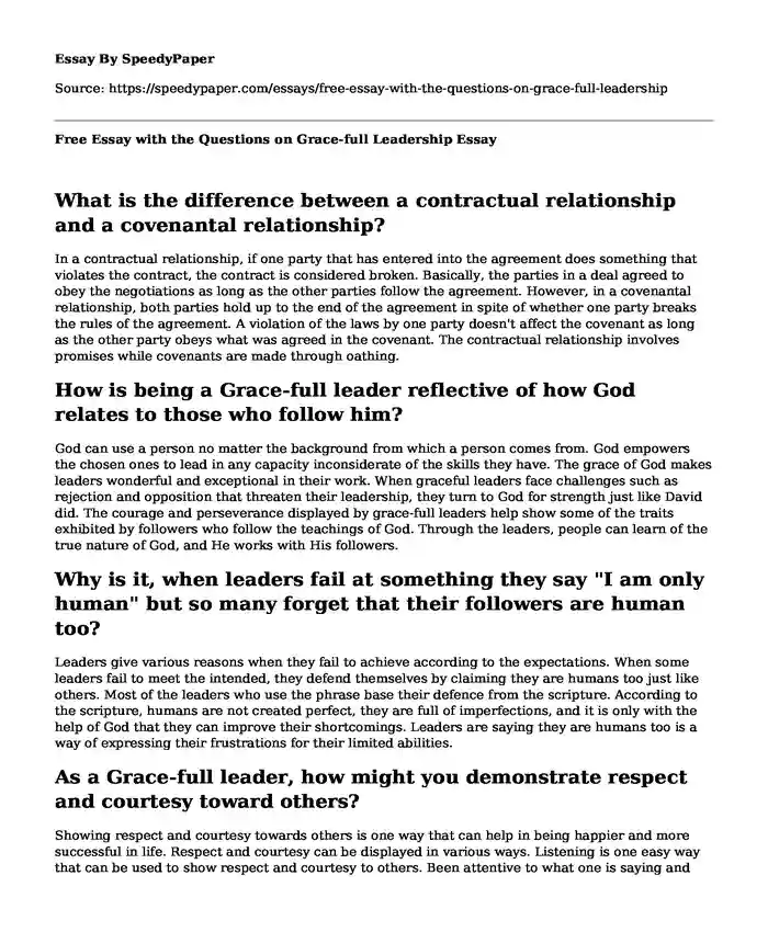 Free Essay with the Questions on Grace-full Leadership