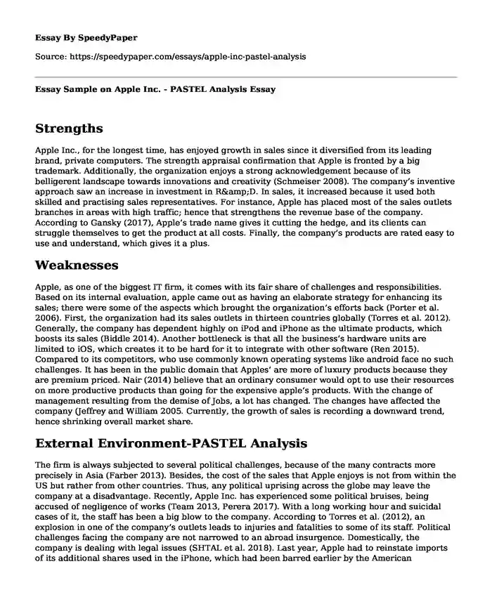 Essay Sample on Apple Inc. - PASTEL Analysis