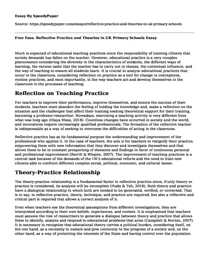Free Essa. Reflective Practice and Theories in UK Primary Schools
