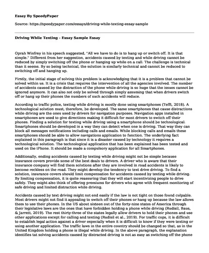 Driving While Texting - Essay Sample