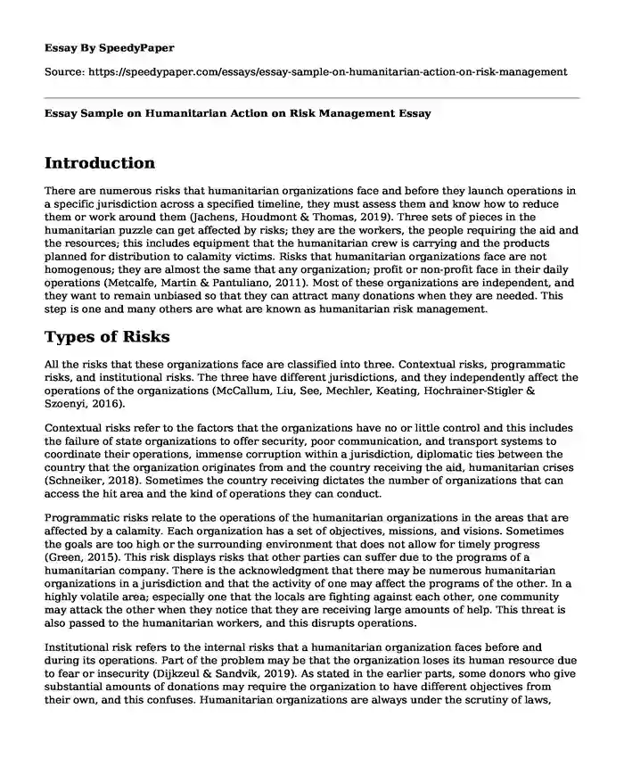 Essay Sample on Humanitarian Action on Risk Management